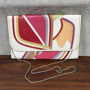 Vintage Varon Clutch Bag Womens Leather Snake White Multicolor Patchwork Chain‎